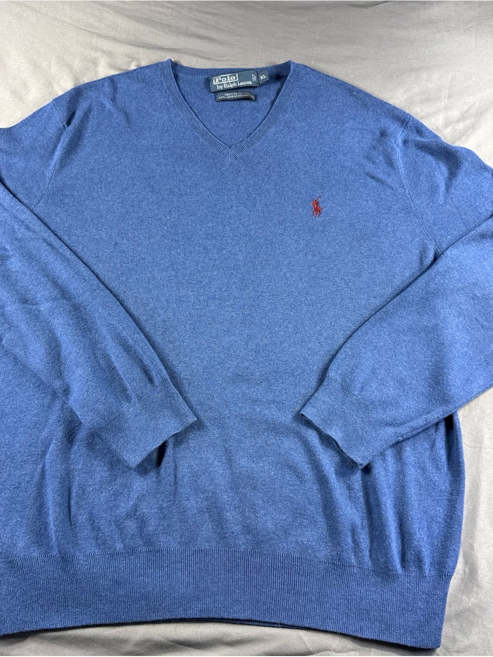 Polo by Ralph Lauren Men's Blue V-Neck Pima Cotton Sweater with Red Pony